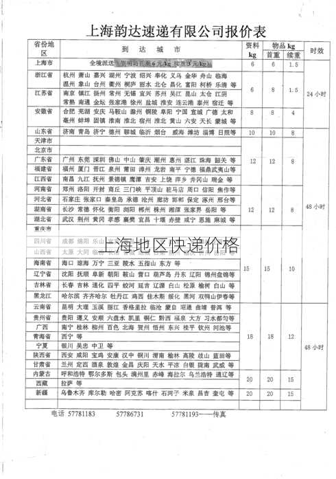 上海地区快递价格