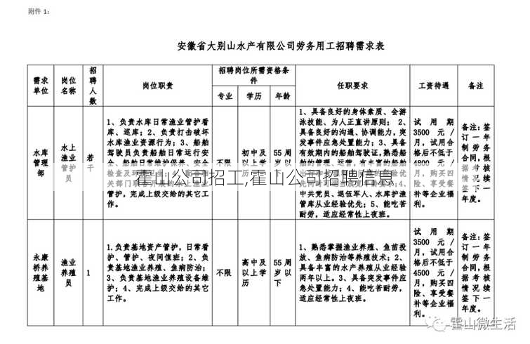 霍山公司招工,霍山公司招聘信息